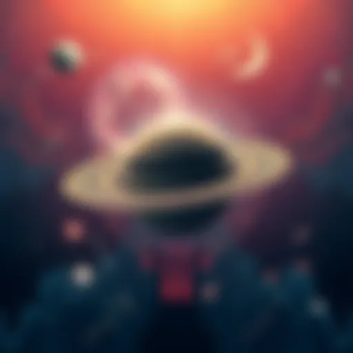 Astrological illustration showing Saturn in the Aries constellation with a cosmic background and symbols denoting challenges and growth.
