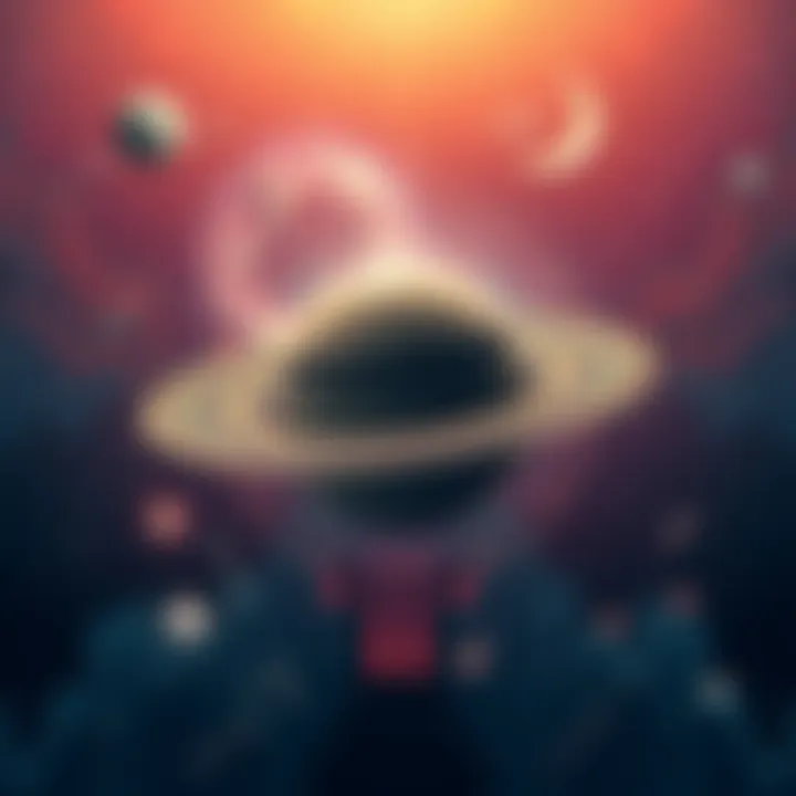 Astrological illustration showing Saturn in the Aries constellation with a cosmic background and symbols denoting challenges and growth.