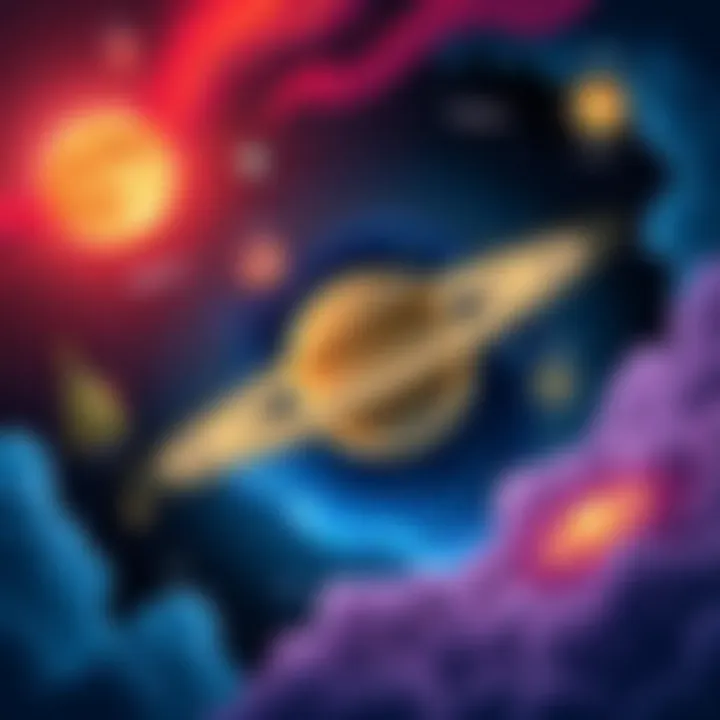 Illustration showing Saturn's influence in different astrological houses with symbols representing personal growth and challenges