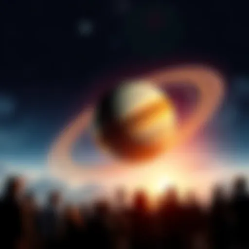 An artistic representation of Saturn with glowing rings, symbolizing its mysterious influence on humanity. People gather in awe, looking up at the planet, under a starry sky.