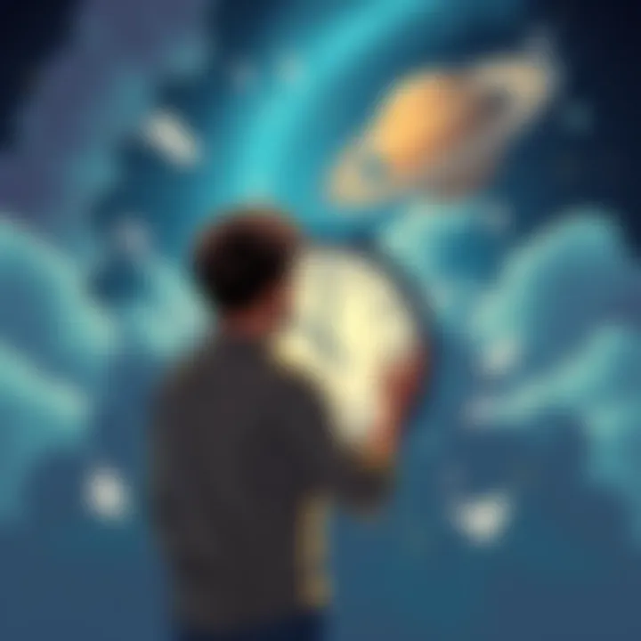 An illustration showing a person looking at a clock while surrounded by unfinished tasks and swirling clouds representing Saturn's influence.