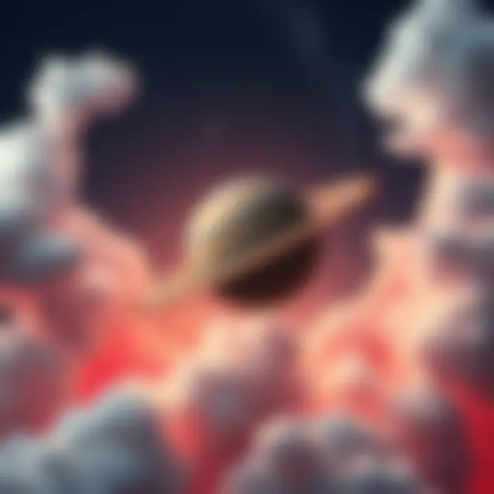A representation of Saturn surrounded by clouds and stars, symbolizing its influence on the mind and ego, with a clock showing distorted time.