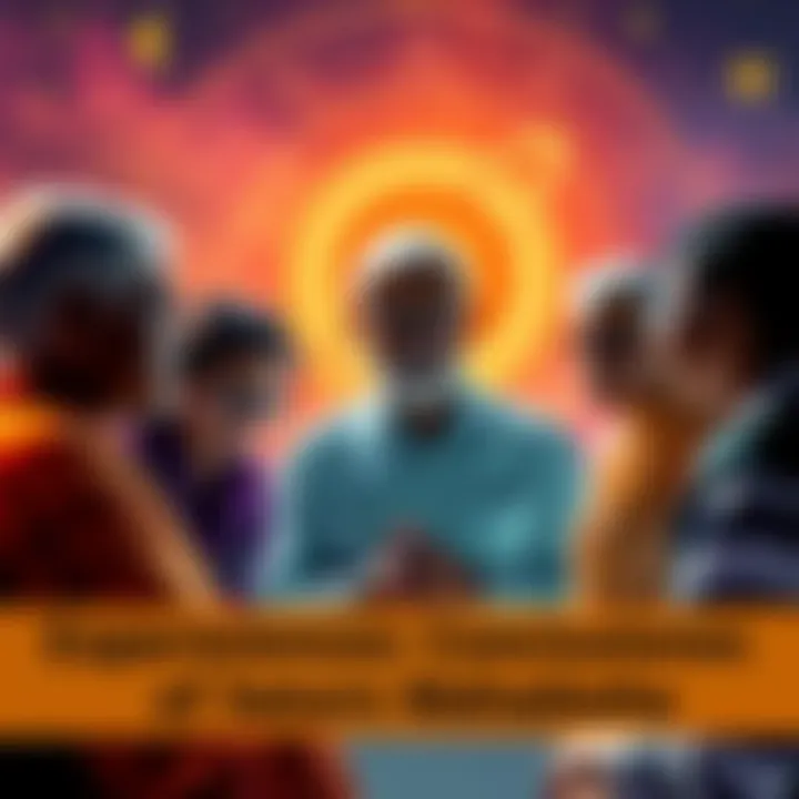 A group of people discussing their experiences after completing Saturn Mahadasha, with astrological symbols in the background.