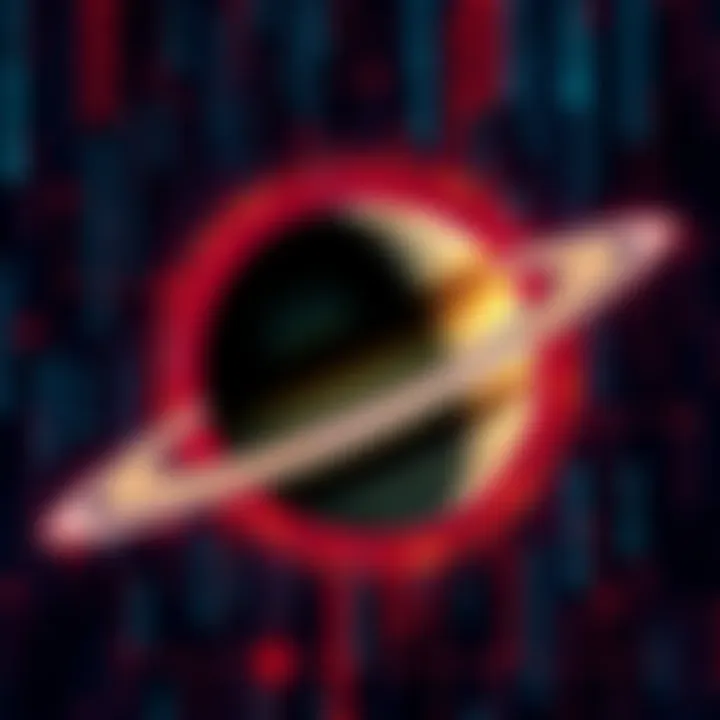 An artistic representation of Saturn with a glowing matrix background symbolizing cosmic connections and synchronicity spells.