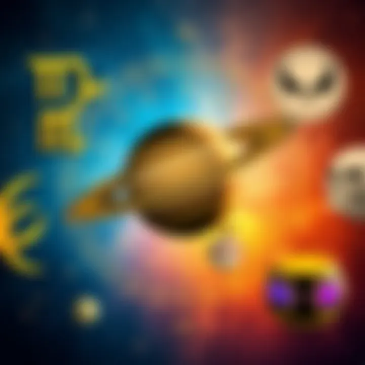 An illustration showing Saturn's influence on different Nakshatras with symbols representing Bharani and Swati
