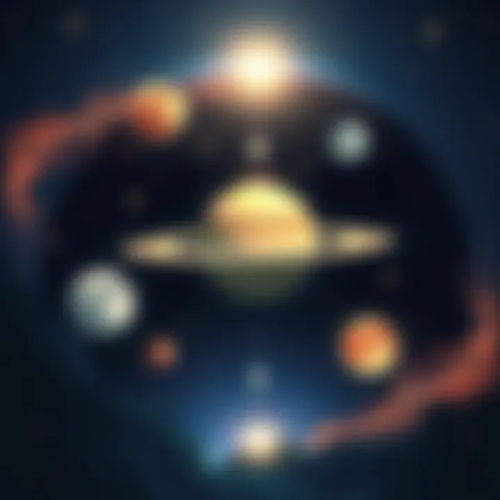 Illustration of Saturn in conjunctions with the Moon, Venus, Mars, Rahu, and Ketu, showing emotional and relational impacts in a starry backdrop.