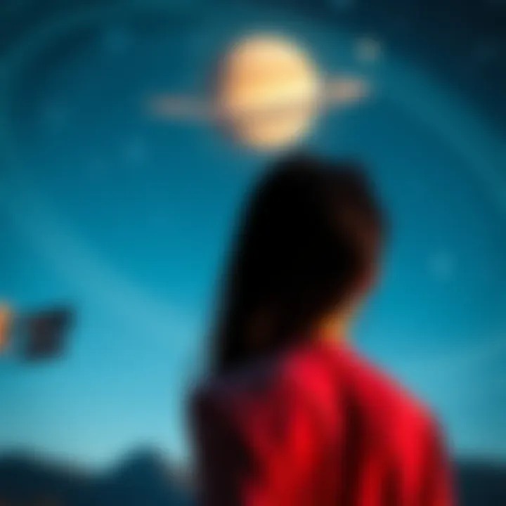 A woman gazing at a starry sky, contemplating past relationships with Saturn's rings in the background.