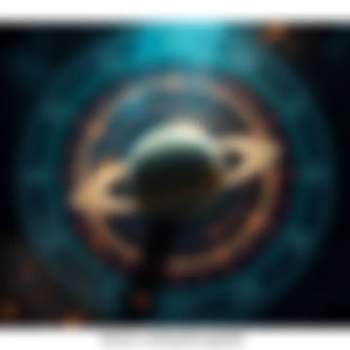 Illustration of Saturn positioned in the 12th house of an astrological chart with a glowing effect, symbolizing introspection and personal challenges, focusing on the sign of Pisces.