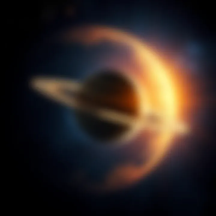 A cosmic scene depicting Saturn in retrograde, surrounded by stars, symbolizing internal struggles and personal growth related to past lives.