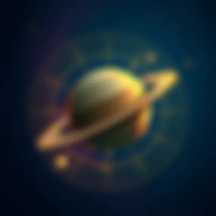 A simple illustration of Saturn's astrological symbol surrounded by stars and a zodiac wheel