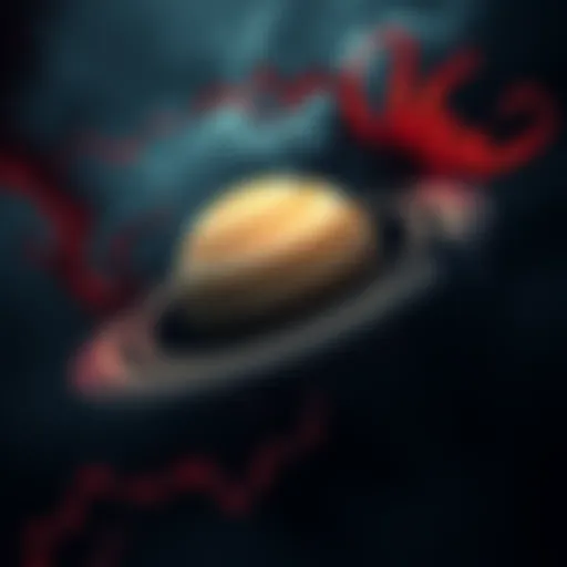 A visual representation combining elements of Saturn and Satan, featuring a planet with rings alongside dark imagery symbolizing evil.