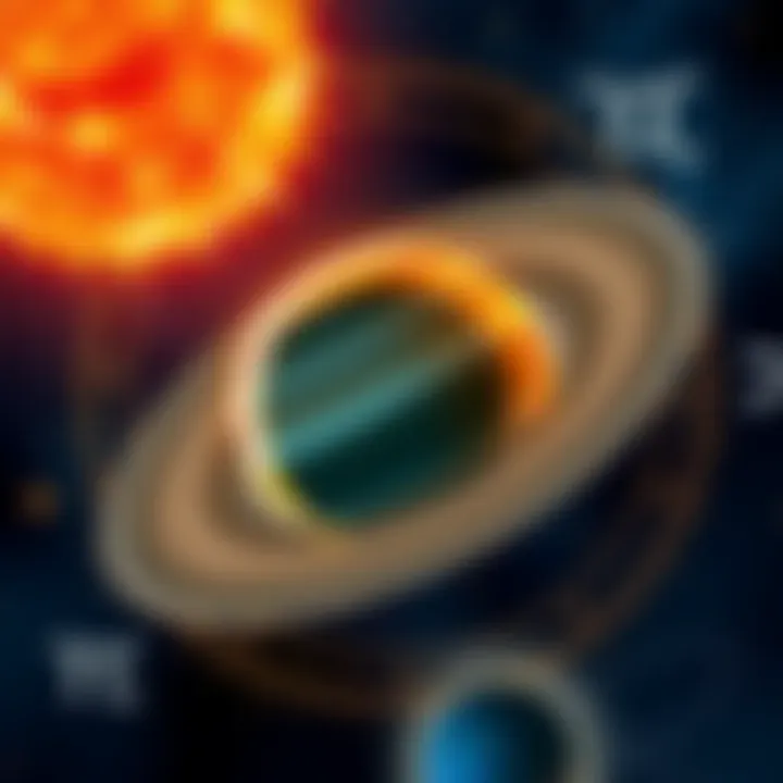 An illustration comparing Saturn and the Sun, emphasizing Saturn as the father figure in astrology with symbols of both planets in the background.
