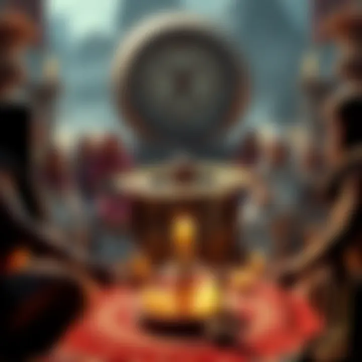 A group of people performing ancient rituals in honor of Saturn, surrounded by symbolic artifacts and offerings.