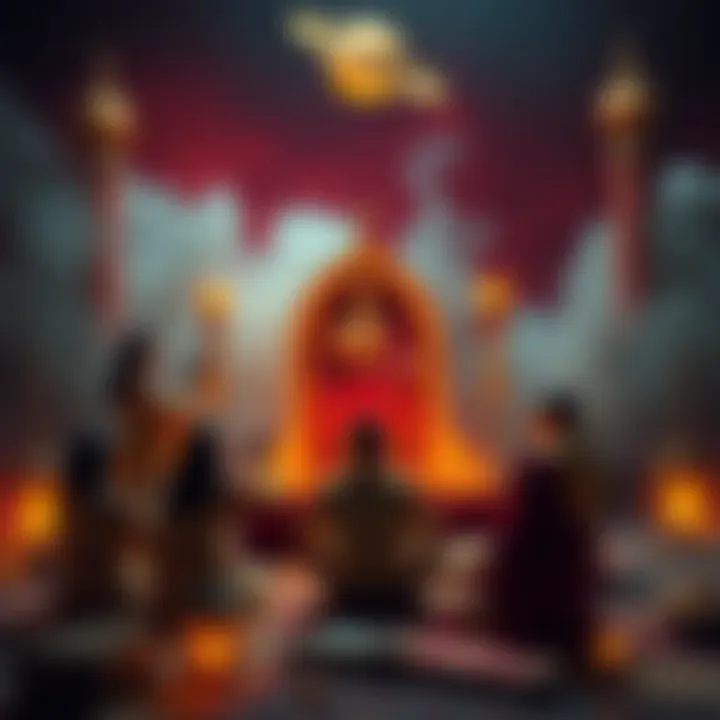 Group of individuals participating in a ritual dedicated to Saturn, surrounded by symbols and offerings related to their belief.