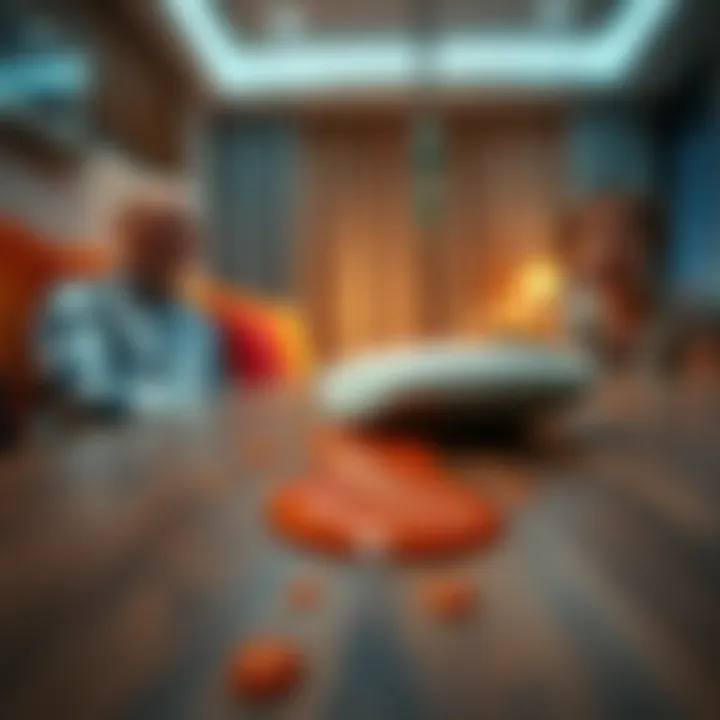 A family watches in surprise as sauce moves on its own on a wooden table in their hotel room