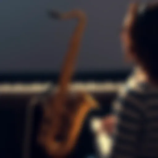 A saxophone and a piano side by side, symbolizing a musical trade between two instruments, with a person contemplating the swap.