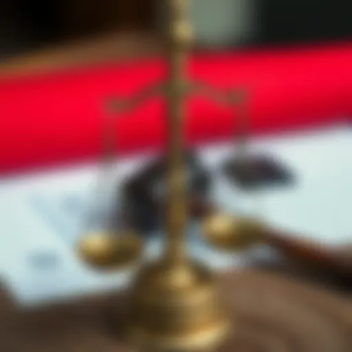 A close-up of the scales of justice, symbolizing fairness and accountability, with a background showing blurred legal documents and a gavel.