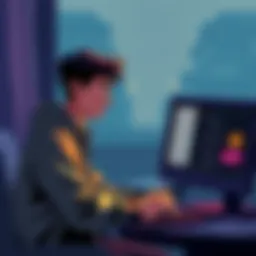 Illustration showing a person looking worried while reading messages on a computer about scams in mediumship forums
