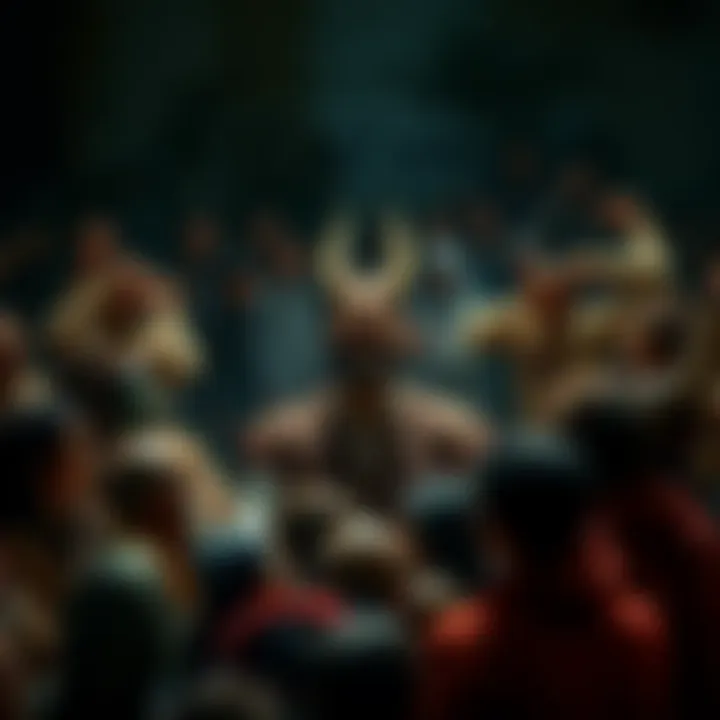 A group of people gathered around a central figure being publicly humiliated, showcasing expressions of scorn and judgment.