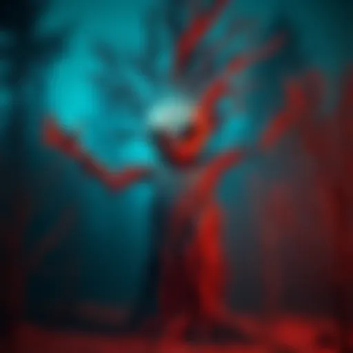 A surreal creature with a burlap face and large black eyes, resembling a tree with morphing limbs, standing in a dreamlike forest setting.