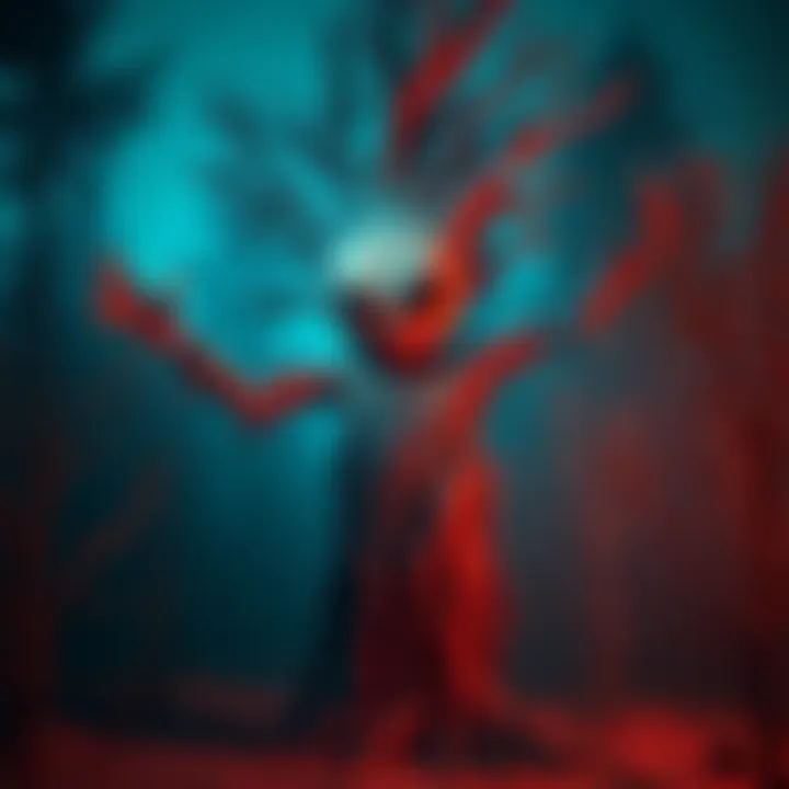 A surreal creature with a burlap face and large black eyes, resembling a tree with morphing limbs, standing in a dreamlike forest setting.