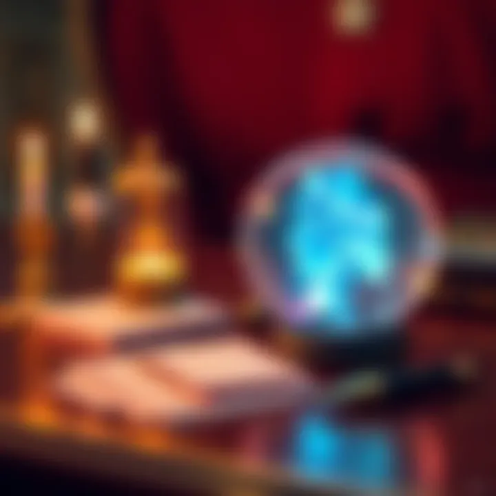 A crystal ball with cards and a pen for writing questions next to it, representing personalized readings