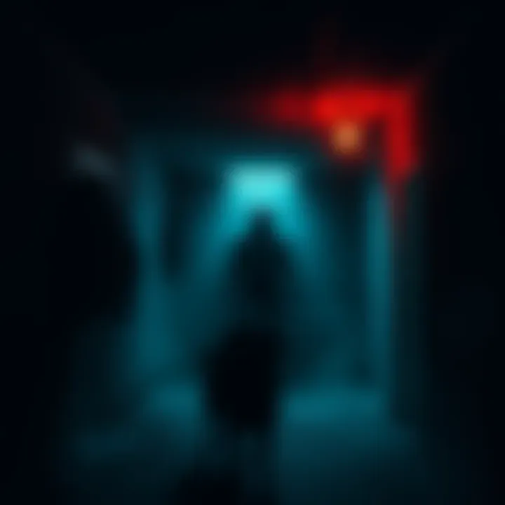 A dark, spooky basement with a shadowy figure and a frightened dog, capturing the eerie atmosphere of a childhood memory.