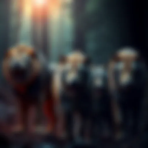 A group of intimidating animals like lions and wolves standing together in a dark forest, symbolizing their growing influence in society.
