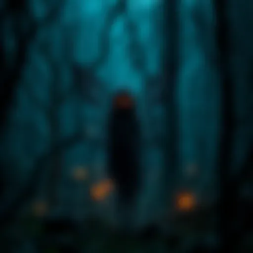 A shadowy fairy with glowing eyes stands in a dark, misty forest, surrounded by twisted trees and eerie lights.