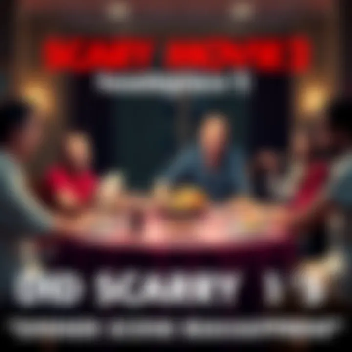 Scary Movie 2 Dinner Scene A group of people sitting around a dining table, one character is about to serve food while another excitedly calls 'dibs', capturing the humor of the moment.