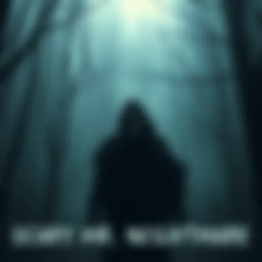 A dark, eerie setting with a shadowy figure representing Mr. Nightmare, surrounded by misty woods that create a suspenseful atmosphere.