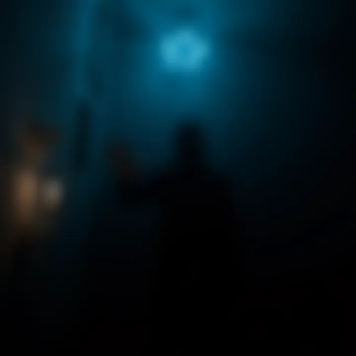 Scary Paranormal Encounter A shadowy figure in a dark room, with flickering candlelight casting eerie shadows on the walls.