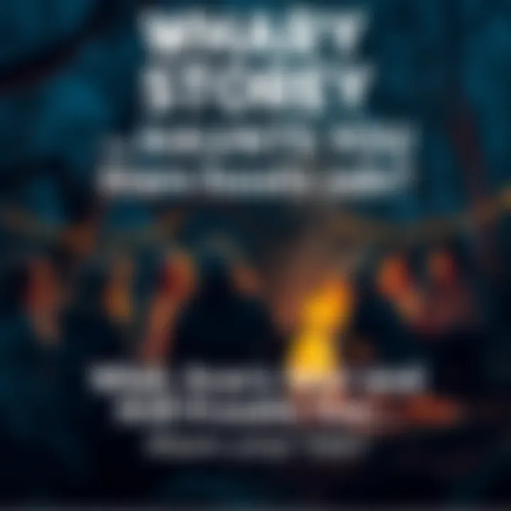 A group of people telling eerie stories by a campfire at night, creating a spooky atmosphere