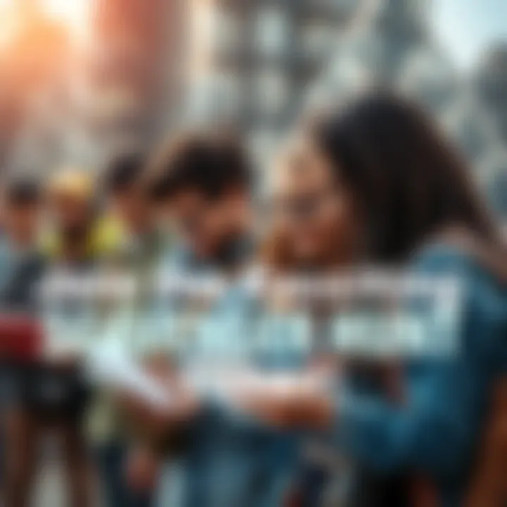 Participants enjoying a scavenger hunt Group of friends searching for clues during a scavenger hunt