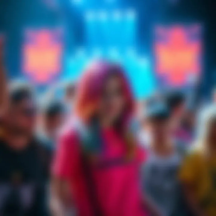 Scene Culture Nostalgia A vibrant scene girl with colorful hair at a Blink concert, surrounded by fans wearing band t-shirts and accessories from Hot Topic.