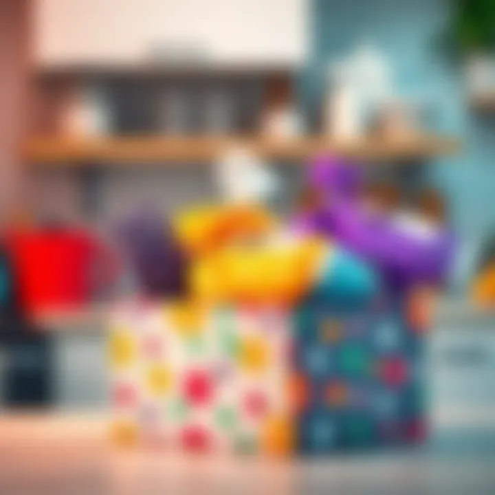 A kitchen scene with scented trash bags displayed in a colorful box, showing various scents like lavender and citrus, highlighting the trend of scented trash bags.