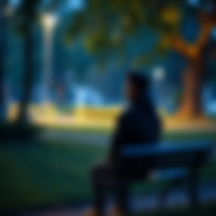 A reflective individual sitting on a bench in a park, looking thoughtful, symbolizing their experience with schizophrenia and spirituality.