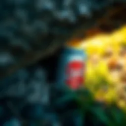 A Schlitz beer can partially visible beneath a large boulder with grass around it