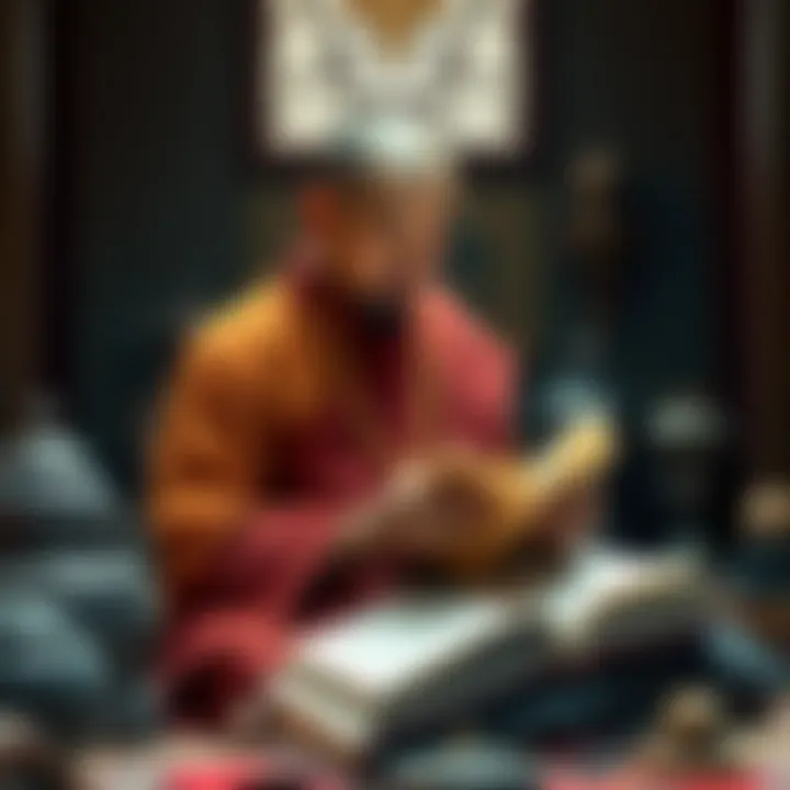 A scholar-monk reading ancient texts on Mahayana Buddhism in a serene setting, surrounded by traditional Buddhist artifacts.