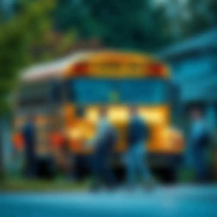 A school bus parked on private property with a group of concerned individuals discussing nearby suspicious activity.