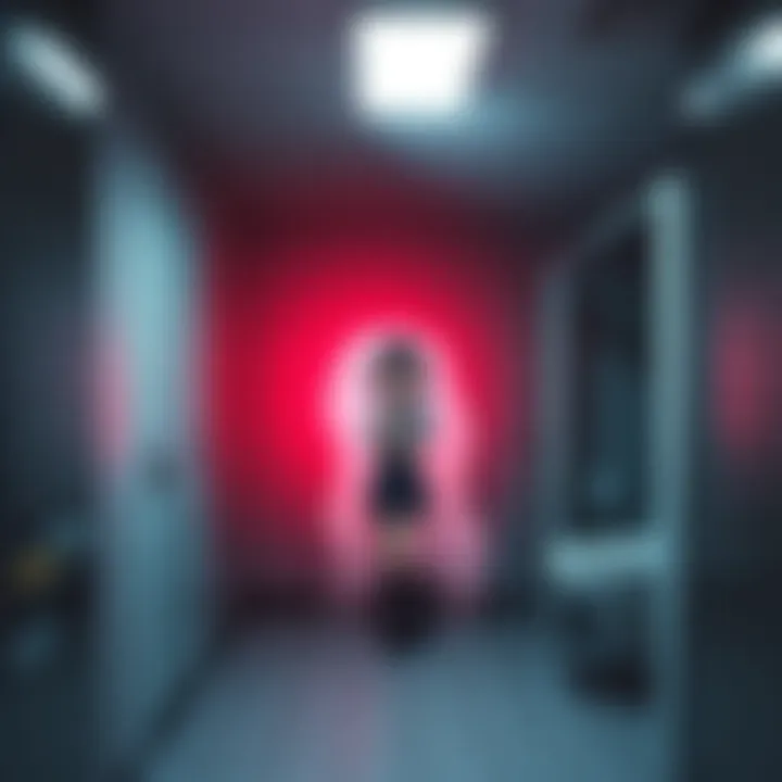 A dimly lit school restroom with a spirit resembling a young girl in a school uniform appearing near the third stall