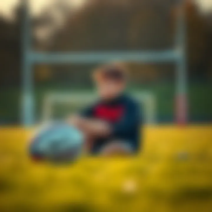 A young rugby player sits on the grass, looking thoughtfully at the rugby field, with a ball beside him, symbolizing his decision to quit the sport.