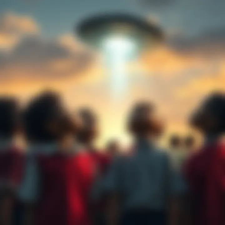 Schoolchildren Witness UFO Incident A group of schoolchildren looking up at a UFO in the sky, with a bright light shining down on them, capturing their astonished expressions.
