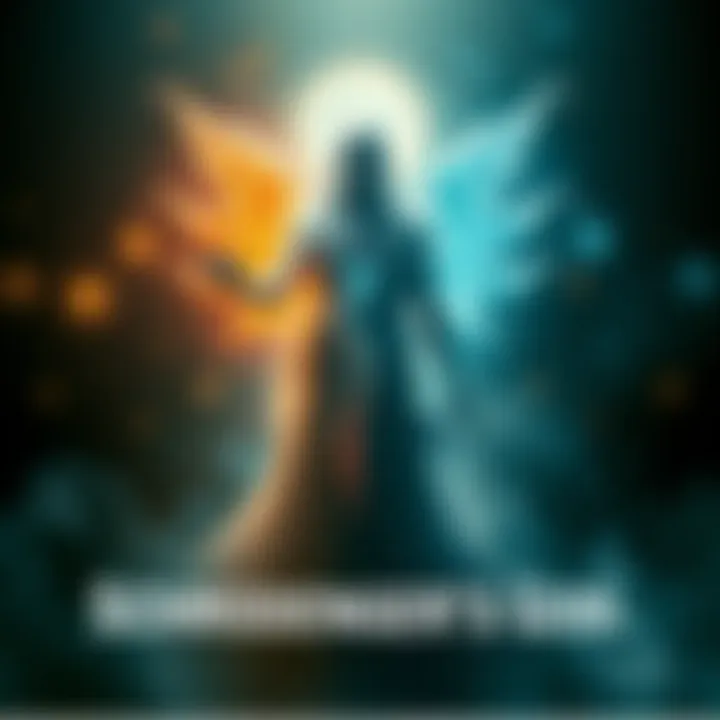 A visual representation of Schrödinger's God, showing a figure of a deity split into two states, one ethereal and glowing and the other shadowy and fading. This symbolizes the idea of existence and non-existence.