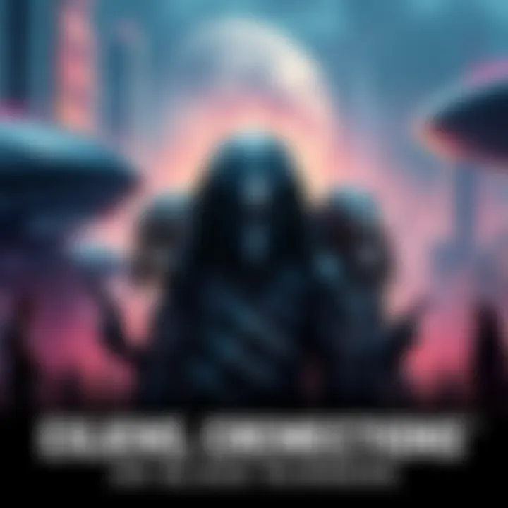 A collage of iconic characters from Aliens, Predator, and Blade Runner standing together in a futuristic cityscape.