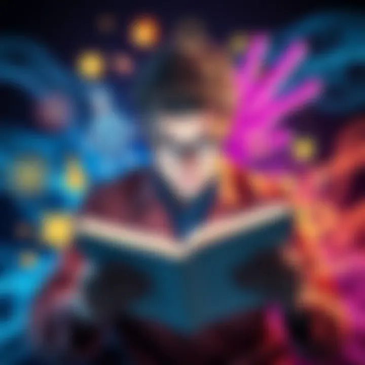 A person reading a book with symbols representing science and unconventional beliefs around them.