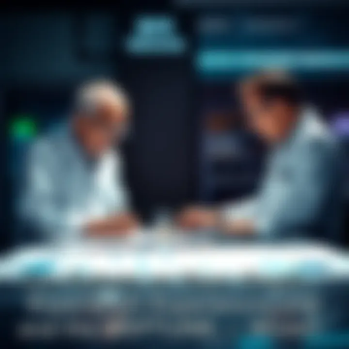 Two scientists discussing Near-Death Experiences with charts and data on a table