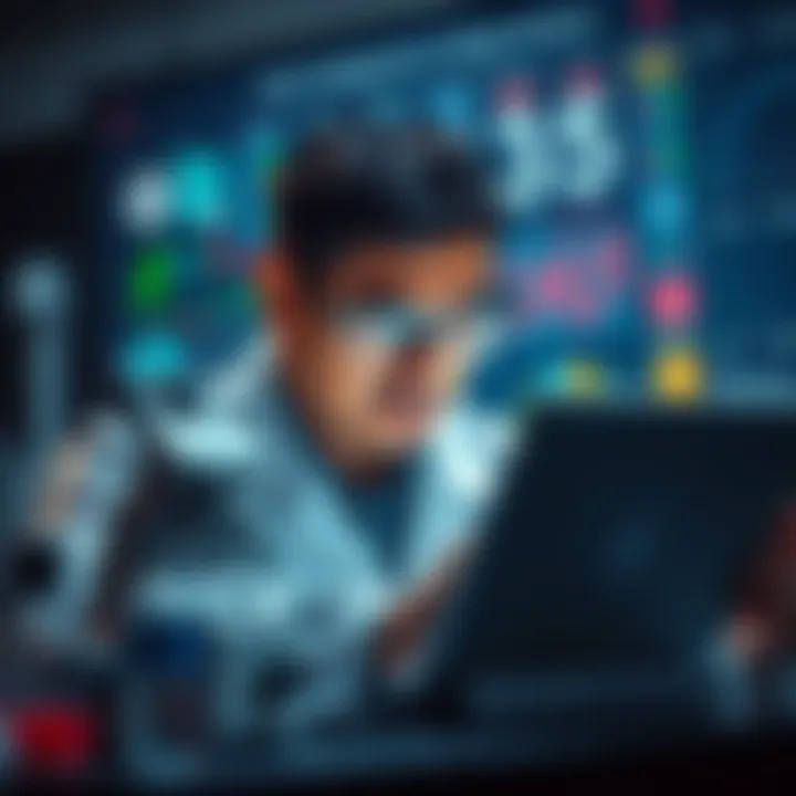 A scientist analyzing data with notes highlighting different viewpoints and biases, representing the influence of culture and society on research outcomes.