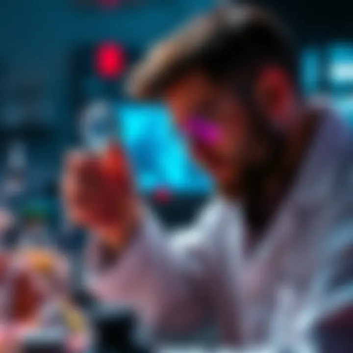 A scientist in a lab looking at mysterious creature evidence with a magnifying glass