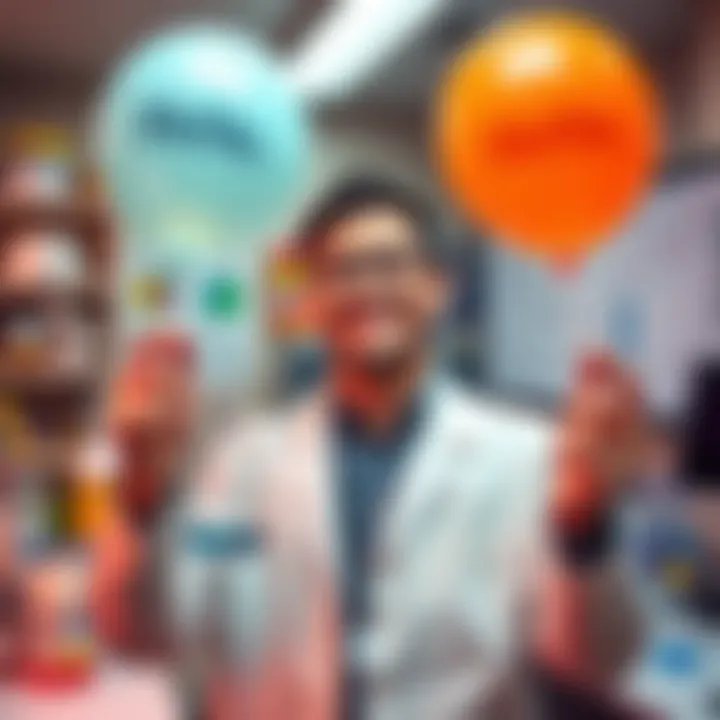 A scientist smiles while holding two helium balloons, playfully saying 'HeHe' as a pun on the element helium. The lab is filled with colorful equipment and charts.